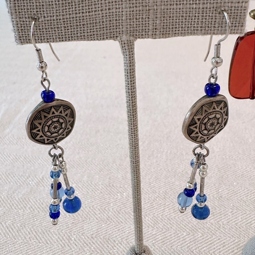 Blue and Red Earring Bundle Set of 3 Bohemian Style Boho Burnished Gold Tone - Picture 3 of 12